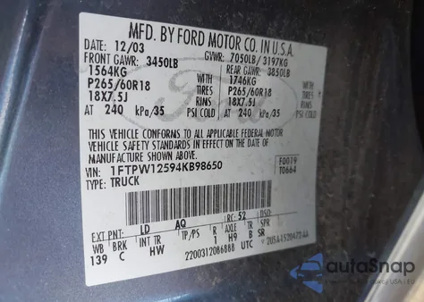 2004 Ford F-150 Lariat/Xlt из США, поврежденный, VIN 1FTPW12594KB98650